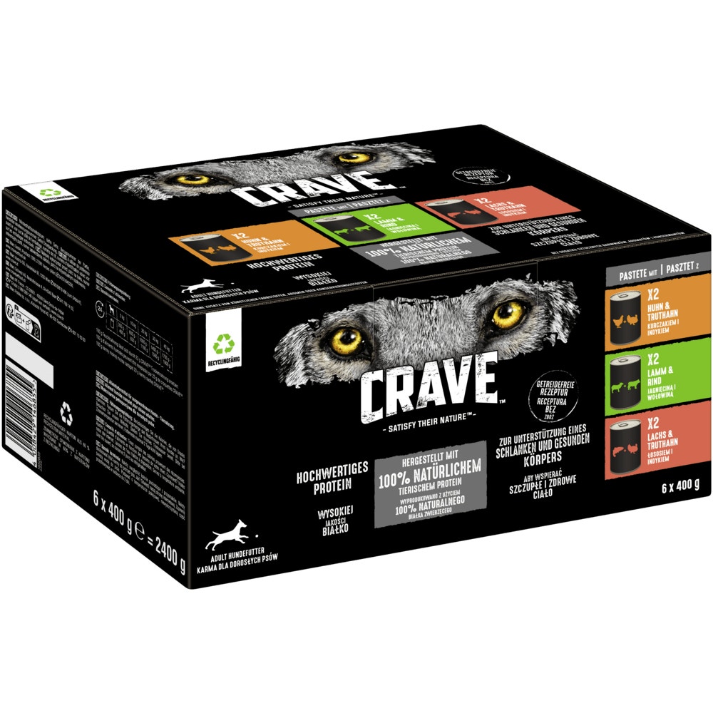 CRAVE™ Huhn & Truthahn, Lamm & Rind, Lachs & Truthahn in Pastete, Multipack 6 x 400g - 1